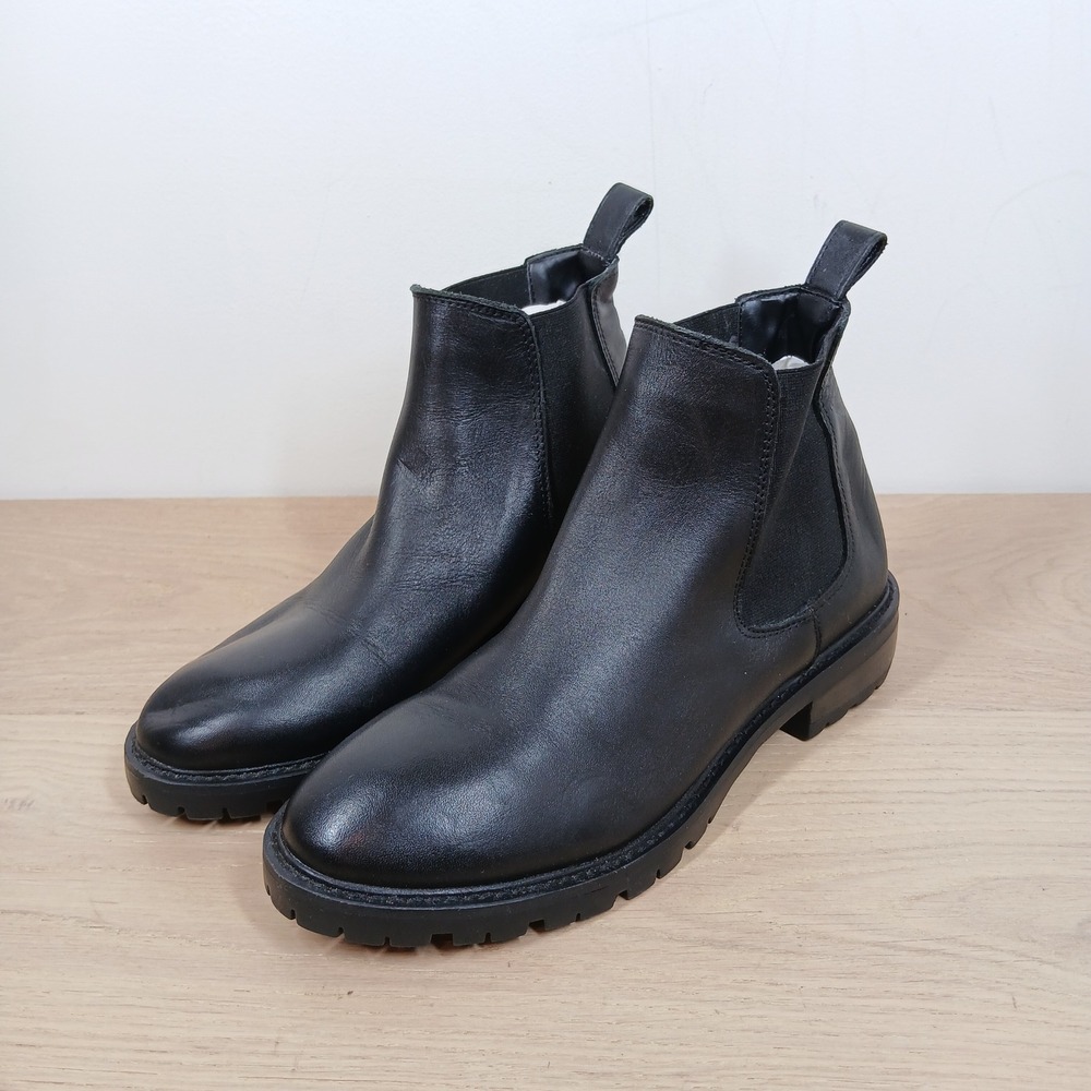 Steve Madden Leopold Boots Womens 7.5 Black Leather Ankle Chelsea Lug Sole